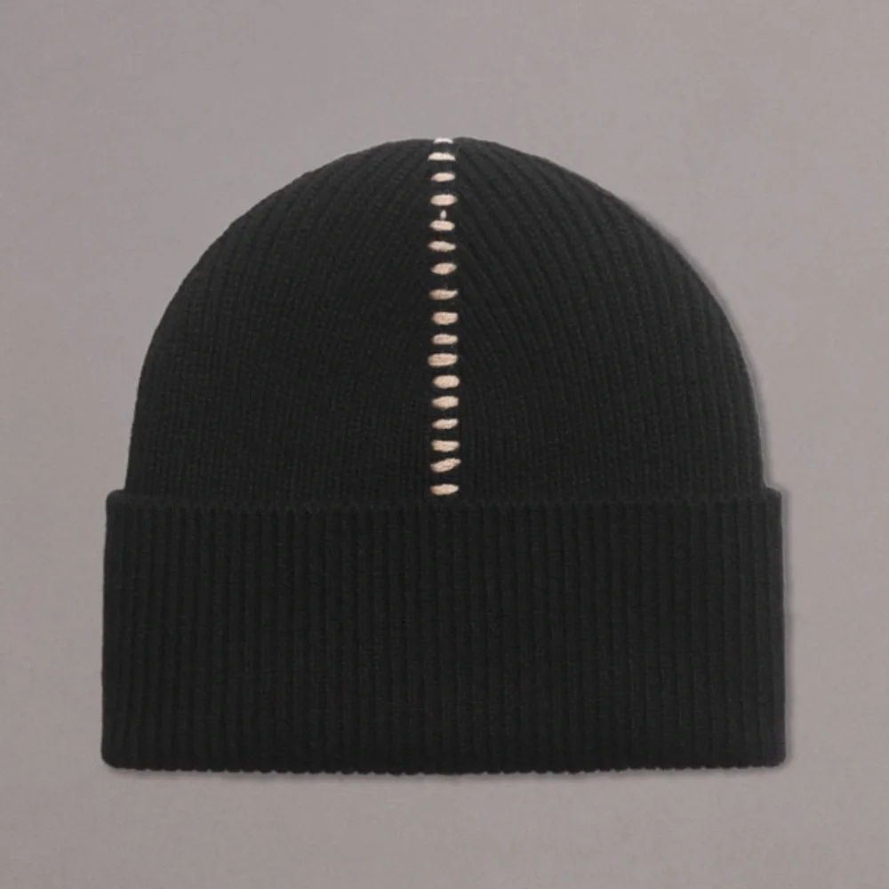 Rag & Bone Clarkson Black Wool Knit Beanie Hat with Stitching Detail Unisex NWT